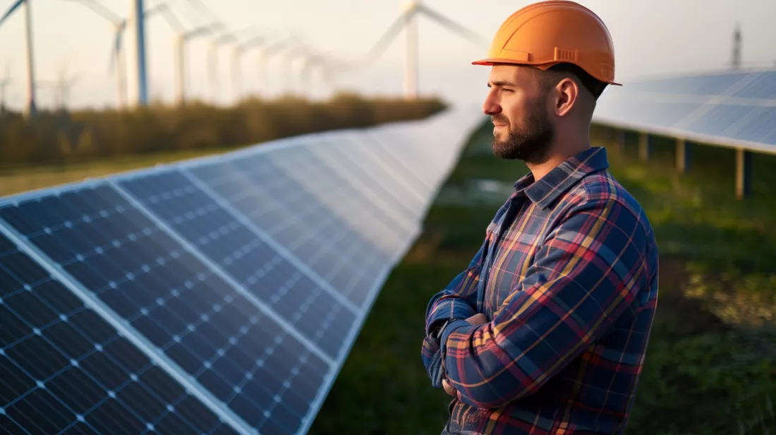 Ingegnere supervisiona pannelli solari e turbine eoliche in un impianto energetico